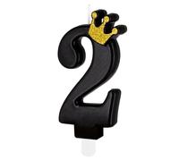 PartyPal Bougie en forme de chiffre avec couronne dorée et pied à enficher, environ 9 cm x 5 cm, noire, décoration de gâteau d'anniversaire, couleur : noir, taille : nombre 2