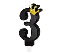 Partypal Bougie en forme de chiffre noire, avec couronne dorée et pied à douille, environ 9 x 5 cm, en forme du numéro 3, noire, non parfumée, bougie d'anniversaire, décoration de gâteau
