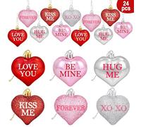 Partyprops Lot de 24 décorations de Saint-Valentin en forme de cœur à paillettes - Cœurs rouges, roses et argentés - Décorations de conversation de Saint-Valentin - Ornements à suspendre pour sapin de