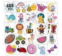 Partywind Lot de 408 tatouages temporaires pour enfants pour fournitures de fête, autocollants temporaires emballés individuellement pour cadeaux d'enfants, cadeaux amusants, fêtes d'anniversaire
