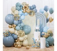 PartyWoo Kit d'arche de ballons bleu poussiéreux 142 pièces de différentes tailles de 45,7 cm, 30,5 cm, 25,4 cm, 25,4 cm, 12,7 cm, bleu clair, blanc, sable, doré, confettis bohèmes pour fête prénatale