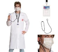 PartyXclusive Blouse de Médecin Homme avec Accessoires Ensemble 4 Pièces Blouse Masque Médical Stéthoscope & Tour de Cou avec Badge Costume de Carnaval Docteur Déguisement Halloween S/M ou L/XL (L/XL)
