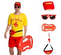 Partyxclusive Costume de Sauveteur de Plage Homme Tenue Lifeguard Ensemble Complet 7 Pièces Chemise Short Sac Casquette Sifflet Lunettes de Soleil & Bouée de Sauvetage Gonflable Déguisement M-XL (M)