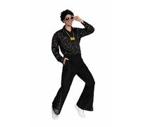 Partyxclusive Costume Disco Rétro Homme avec Accessoires Ensemble 5 Pièces Chemise Pantalon Perruque Lunettes & Collier Tenue Disco Homme Costume Années 70 Look Hippie Or ou Noir (Noir, XL)