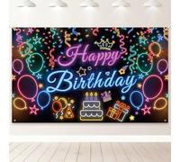 PartyYaa Bannière d'anniversaire pour enfants, bannière « Happy Birthday » - Extra large - Toile de fond pour cabine photo - Poster pour filles et garçons (néon noir)