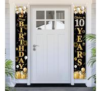 PartyYaa Bannière de 10e anniversaire, bannière de porte déco 10e anniversaire, bannière Happy Birthday fête photomaton arrière-plan déco panneau affiche pour filles et garçons (noir or)