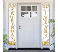 PartyYaa Bannière de 1er Anniversaire, Décorations de Porte pour Bannière d'Anniversaire, Affiche de Fond de Photo de Fête Porte Décor Signe Affiche pour Filles Garçons (Blanc Or)