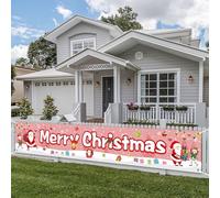 PartyYaa Bannière de Noël, longue bannière de Noël, cabine photo, Père Noël et boîte cadeau, décoration de clôture de jardin pour intérieur et extérieur (rose)