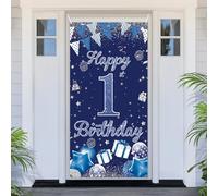PartyYaa Décorations de Banderole pour Premier Anniversaire, Couverture de Porte Joyeux Premier Anniversaire, Banderole de Fête Extra Grande Bleu Argenté Fond de Cabine Photo Décoration Affiche pour