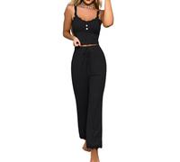 PARUPRUP Femme Sexy 2 Pièces Ensembles de Pyjama Dentelle Camisole Taille Haute Pantalon Set Col en V Cami Top (FR/ES, Alpha/Lettres, TTG, Taille Normale, Taille Normale, Noir)