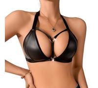 PARUPRUP Femme Sexy Halter Triangle Bralette sans Armature Soutien-Gorge Dos Nu Wetlook Brassiere Métal Anneau Hollow Lingerie Push-up sous-Vêtement Brillant Lisse Bustier Col en V Réglable Babydoll