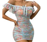 PARUPRUP Femme Sexy Hors Épaule Dentelle Nuisette Dos Nu Floral Chemise De Nuit sans Manches sous-Vêtements Enveloppé Babydoll Profond Décolleté en V Lingerie Transparent Mini Robe (Bleu, M)
