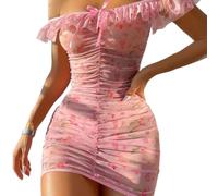 PARUPRUP Femme Sexy Hors Épaule Dentelle Nuisette Dos Nu Floral Chemise De Nuit sans Manches sous-Vêtements Enveloppé Babydoll Profond Décolleté en V Lingerie Transparent Mini Robe (Rose, M)