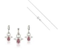 Parure Bijoux - Enfant - Ange - Ailé - Goutte - Cristal Autrichien - Couleur - Rose - Argent Fin 925/1000 - 4 Pièces
