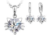 Parure Bijoux - Enfant - Chat - Cristal - Blanc - Argent Fin 925/1000 - 4 Pièces