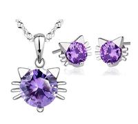 Parure Bijoux - Enfant - Chat - Cristal - Violet - Argent Fin 925/1000 - 4 Pièces
