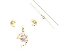 Parure Bijoux - Enfant - Dauphin - Cristal - Rond - Lavande - Plaqué Or Jaune 750/1000 - 3 Microns - 4 Pièces