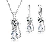 Parure Bijoux - Enfant/Femme - Chat - Cristal - Blanc - Argent 925/1000 - 4 Pièces