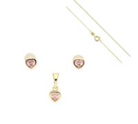 Parure Bijoux - Enfant/Femme - Coeur - Cristal - Rose - Plaqué Or Jaune 750/1000 - 3 Microns - 4 Pièces