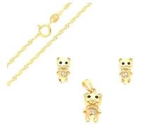 Parure Bijoux - Enfant - Ourson - Cristal - Blanc - Plaqué Or Jaune 750/1000 - 3 Microns - Bijou de Créateur - 4 Pièces