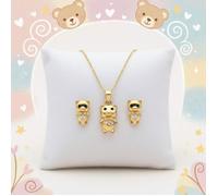 Parure Bijoux - Enfant - Ourson - Zircons - Coeur - Plaqué Or Jaune 750/1000 - 3 Microns - Bijou de Créateur - 4 Pièces