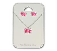 Parure Bijoux - Enfant - Papillon - émail - Rose - Blanc - Argent 925/1000 - Massif - 4 Pièces