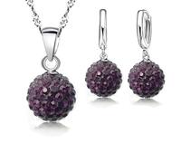 Parure Bijoux - Femme - Boule - Cristal - Autrichien - Violet - Prune - Argent 925/1000 - 4 Pièces