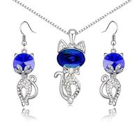 Parure Bijoux - Femme - Chat - Cristal Autrichien - Bleu - Nuit - Plaqué Or Blanc 750/1000 - 4 Pièces