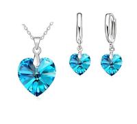 Parure Bijoux - Femme - Coeur - Cristal Autrichien - Bleu - Lagon - Argent Fin 925/1000 - 4 Pièces