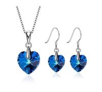 Parure Bijoux - Femme - Coeur - Cristal Autrichien - Bleu - Marine - Argent Fin 925/1000 - 4 Pièces
