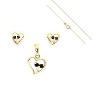Parure Bijoux - Femme - Coeur - Cristal - Blanc - Noir - Plaqué Or Jaune 750/1000 - 3 Microns - 4 Pièces