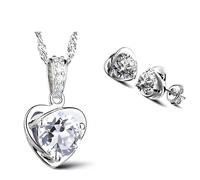 Parure Bijoux - Femme - Coeur - Romantique - Cristal Autrichien - Blanc - Argent Fin 925/1000 - 4 Pièces