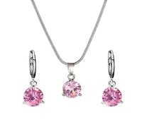 Parure Bijoux - Femme - Collier et Boucles d'Oreilles - Cristal - Rond - Rose - Plaqué Or Blanc 750/1000 - 4 Pièces
