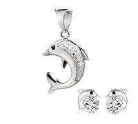 Parure Bijoux - Femme - Dauphin - Cristal - Blanc - Argent Fin 925/1000 - 4 Pièces