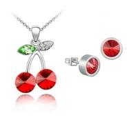 Parure Bijoux - Femme/Enfant - Cerises - Cristal Autrichien - Rouge - Plaqué Or Blanc 750/1000 - 4 Pièces