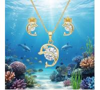 Parure Bijoux - Femme/Enfant - Dauphin - Cristal - Blanc - Plaqué Or Jaune 750/1000 - Chaîne Vénitienne