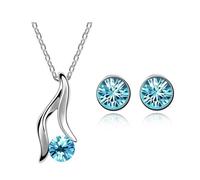 Parure Bijoux - Femme/Enfant - Solitaire - Cristal Autrichien - Bleu - Turquoise - Plaqué Or Blanc 750/1000 - 4 Pièces