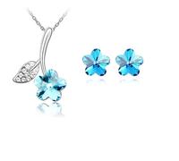 Parure Bijoux - Femme - Fleur - Cristal Autrichien - Bleu - Turquoise - Plaqué Or Blanc 750/1000 - 4 Pièces