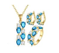 Parure Bijoux - Femme - Goutte - Bague 56 - Cristal - Swarovski Elements - Turquoise - Plaqué Or Jaune 750/1000 - 5 pièces