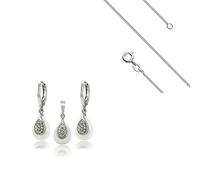 Parure Bijoux Femme Goutte Céramique et Cristal Blanc Argent Fin 925 Rhodié
