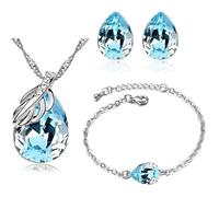 Parure Bijoux - Femme - Goutte - Cristal Autrichien - Bleu - Turquoise - Plaqué Or Blanc 750/1000 - 5 Pièces