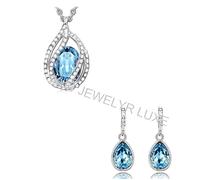 Parure Bijoux - Femme - Goutte - Cristal - Autrichien - Lagon - Plaqué Or Blanc 750/1000 - 4 pièces