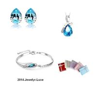 Parure Bijoux - Femme - Goutte - Cristal Autrichien - Turquoise - Plaqué Or Blanc 750/1000 - 5 Pièces