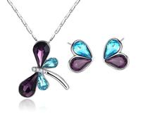 Parure Bijoux - Femme - Libellule - Cristal Autrichien - Violet - Turquoise - Plaqué Or Blanc 750/1000 - 4 Pièces