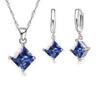 Parure Bijoux - Femme - Losange - Suspendu - Cristal - Bleu - Saphir - Argent Fin 925/1000 - 4 Pièces