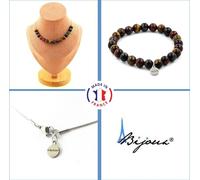 Parure Bracelet Collier 15 perles multicolores en oeil de tigre 8 mm Chaîne en acier inoxydable