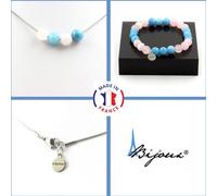 Parure Bracelet Collier 4 perles Calcédoine bleue + Quartz rose 8 mm Chaîne en acier inoxydable