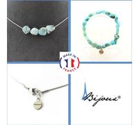 Parure Bracelet Collier 4 perles de Larimar de la République Dominicaine Chaîne en acier inoxydable