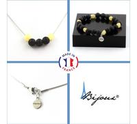 Parure Bracelet Collier 8 mm Perles de lave + Calcite jaune du Royaume-Uni Chaîne en acier inoxydable