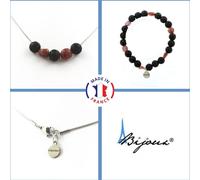 Parure Bracelet Collier 8 mm Perles de lave + Rubis brésilien Chaîne en acier inoxydable